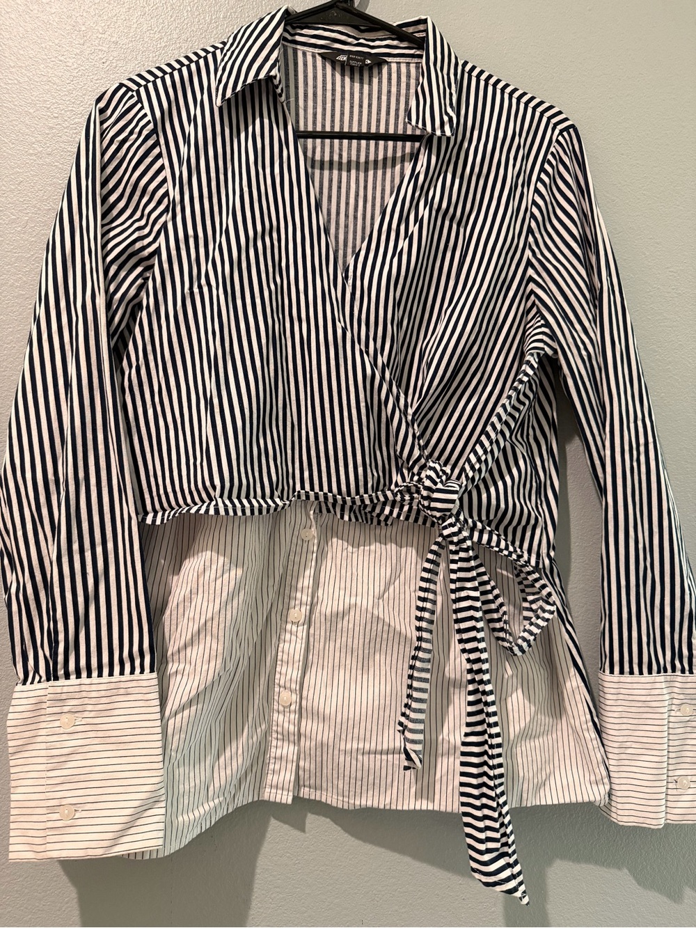 project RUNWAY Navy Blue White Striped Wrap-Front Button Down Shirt Layered Prep